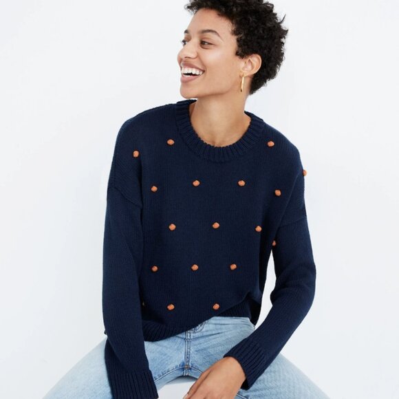 Madewell Sweaters - Madewell Blue/Navy 100% Cotton Wellesley Bobble Pom Pom Pullover Sweater